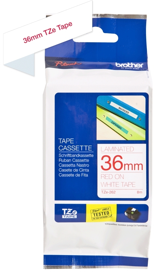 Brother TZe262 Cinta Laminada Original de Etiquetas Texto rojo sobre fondo blanco Ancho 36mm x 8 metros