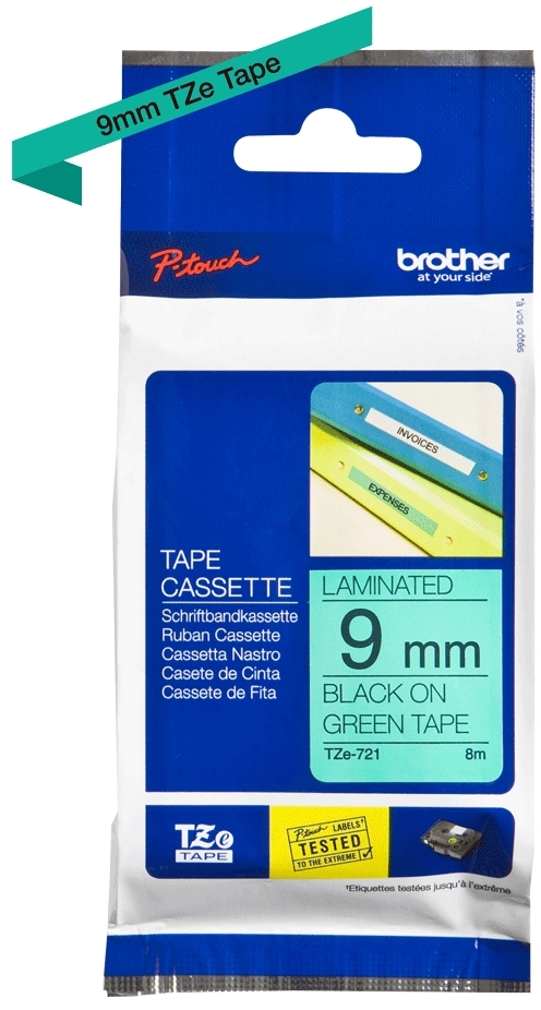 Brother TZe721 Cinta Laminada Original de Etiquetas Texto negro sobre fondo verde Ancho 9mm x 8 metros