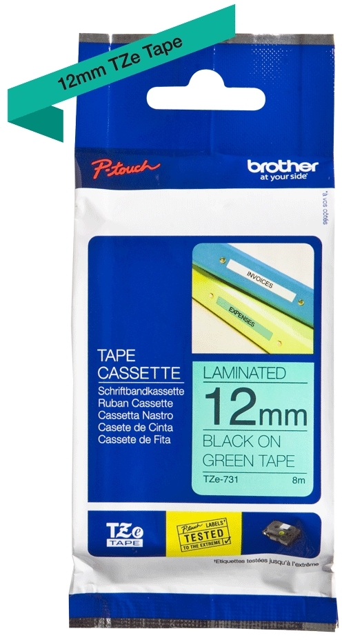 Brother TZe731 Cinta Laminada Original de Etiquetas Texto negro sobre fondo verde Ancho 12mm x 8 metros