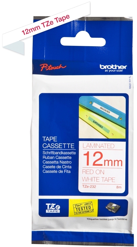 Brother TZe232 Cinta Laminada Original de Etiquetas Texto rojo sobre fondo blanco Ancho 12mm x 8 metros