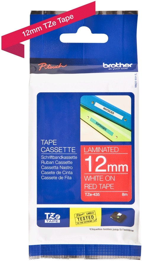 Brother TZe435 Cinta Laminada Original de Etiquetas Texto blanco sobre fondo rojo Ancho 12mm x 8 metros