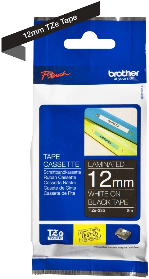 Brother TZe335 Cinta Laminada Original de Etiquetas Texto blanco sobre fondo negro Ancho 12mm x 8 metros