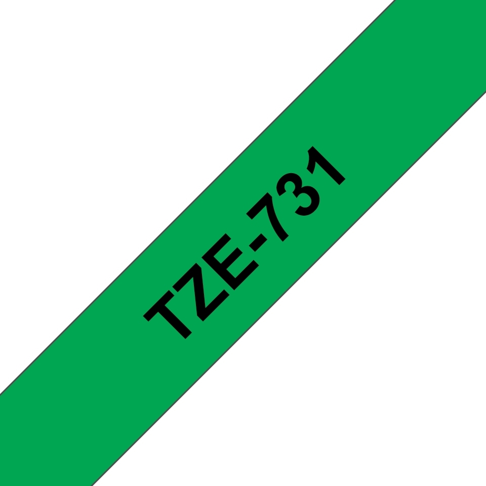 Brother TZe731 Cinta Laminada Original de Etiquetas Texto negro sobre fondo verde Ancho 12mm x 8 metros