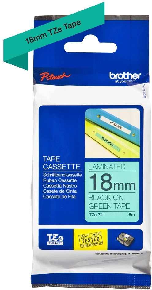 Brother TZe741 Cinta Laminada Original de Etiquetas Texto negro sobre fondo verde Ancho 18mm x 8 metros