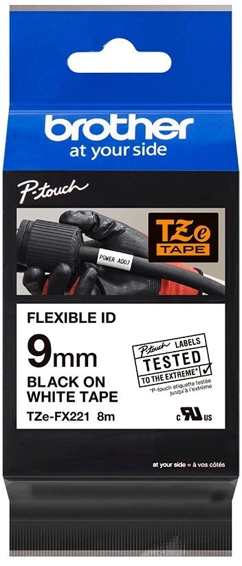 Brother TZeFX221 Cinta Laminada Flexible Original de Etiquetas Texto negro sobre fondo blanco Ancho 9mm x 8 metros