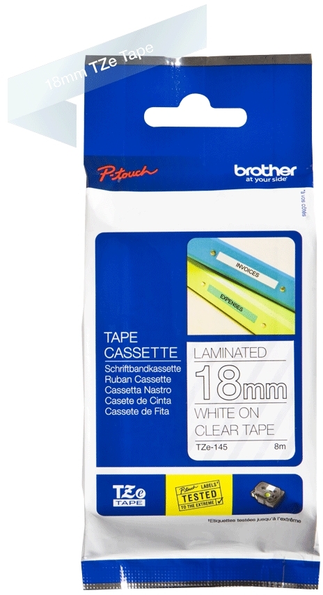 Brother TZe145 Cinta Laminada Original de Etiquetas Texto blanco sobre fondo transparente Ancho 18mm x 8 metros