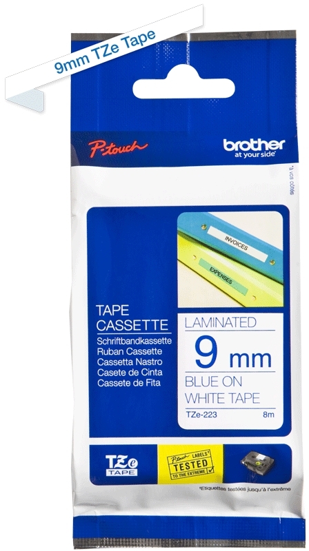 Brother TZe223 Cinta Laminada Original de Etiquetas Texto azul sobre fondo blanco Ancho 9mm x 8 metros