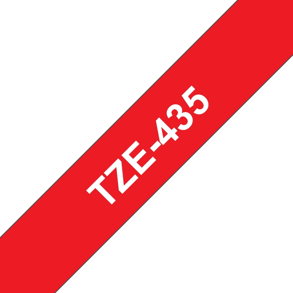 Brother TZe435 Cinta Laminada Original de Etiquetas Texto blanco sobre fondo rojo Ancho 12mm x 8 metros