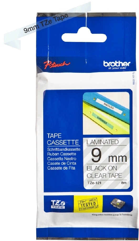 Brother TZe121 Cinta Laminada Original de Etiquetas Texto negro sobre fondo transparente Ancho 9mm x 8 metros