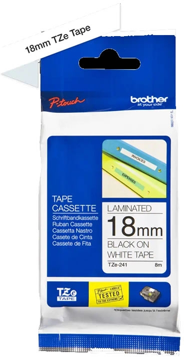 Brother TZe241 Cinta Laminada Original de Etiquetas Texto negro sobre fondo blanco Ancho 18mm x 8 metros