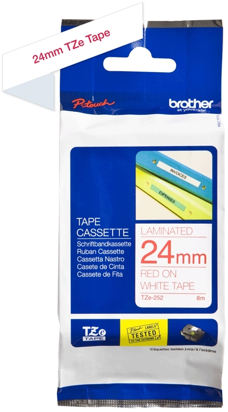 Brother TZe252 Cinta Laminada Original de Etiquetas Texto rojo sobre fondo blanco Ancho 24mm x 8 metros