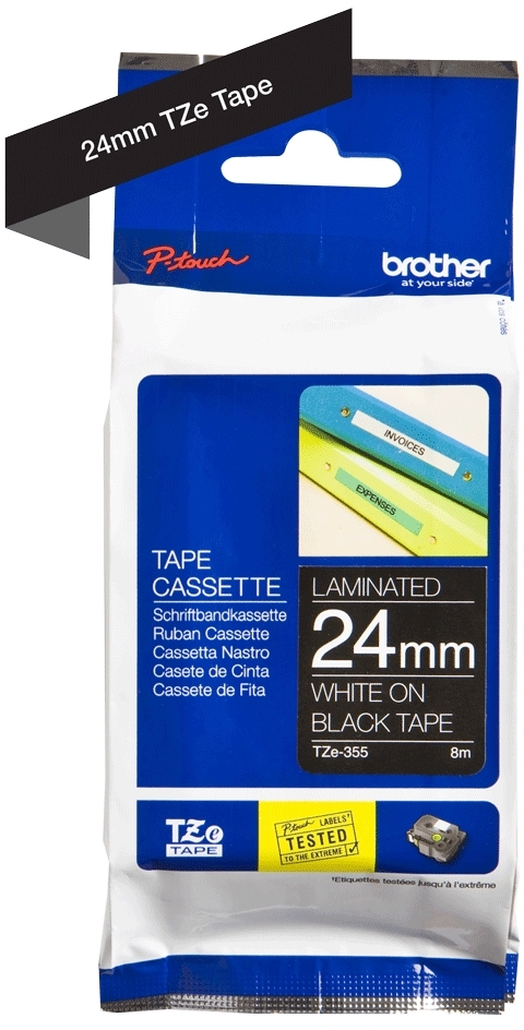 Brother TZe355 Cinta Laminada Original de Etiquetas Texto blanco sobre fondo negro Ancho 24mm x 8 metros