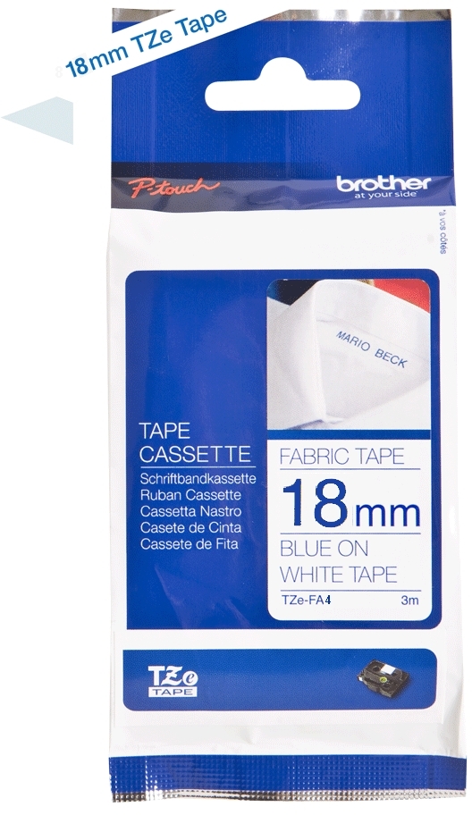 Brother TZeFA4 Cinta Textil Original de Etiquetas Texto azul sobre fondo blanco Ancho 18mm x 3 metros