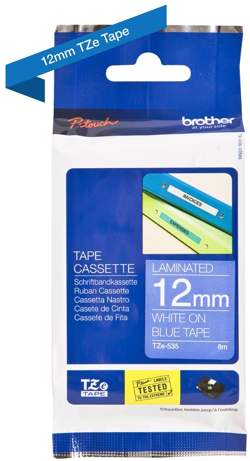 Brother TZe535 Cinta Laminada Original de Etiquetas Texto blanco sobre fondo azul Ancho 12mm x 8 metros
