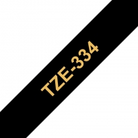 Brother TZe334 Cinta rotuladora Compatible de Etiquetas Texto dorado sobre fondo negro Ancho 12mm x 8 metros
