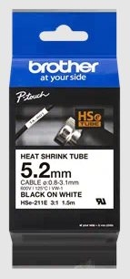 Brother HSE211E Cinta Tubo Termorretractil Original de Etiquetas para Cables Texto negro sobre fondo blanco Ancho 5.2mm x 1.5 me