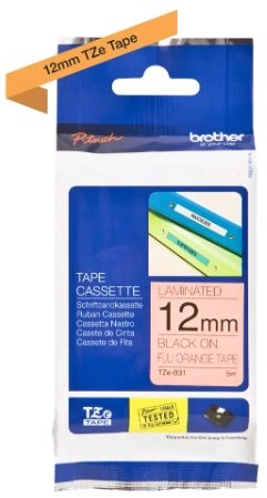 Brother TZeB31 Cinta Laminada Fluorescente Original de Etiquetas Texto negro sobre fondo naranja Ancho 12mm x 5 metros