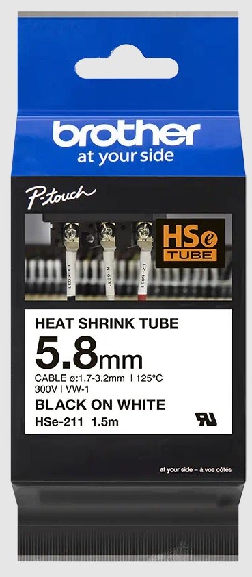Brother HSe211 Cinta Tubo Termorretractil Original de Etiquetas para Cables Texto negro sobre fondo blanco Ancho 5.8mm x 1.5 met
