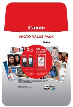 Canon PG560XL Negro + CL561XL Color Pack de 2 Cartuchos Originales 50 Hojas de Papel Fotografico 3712C004