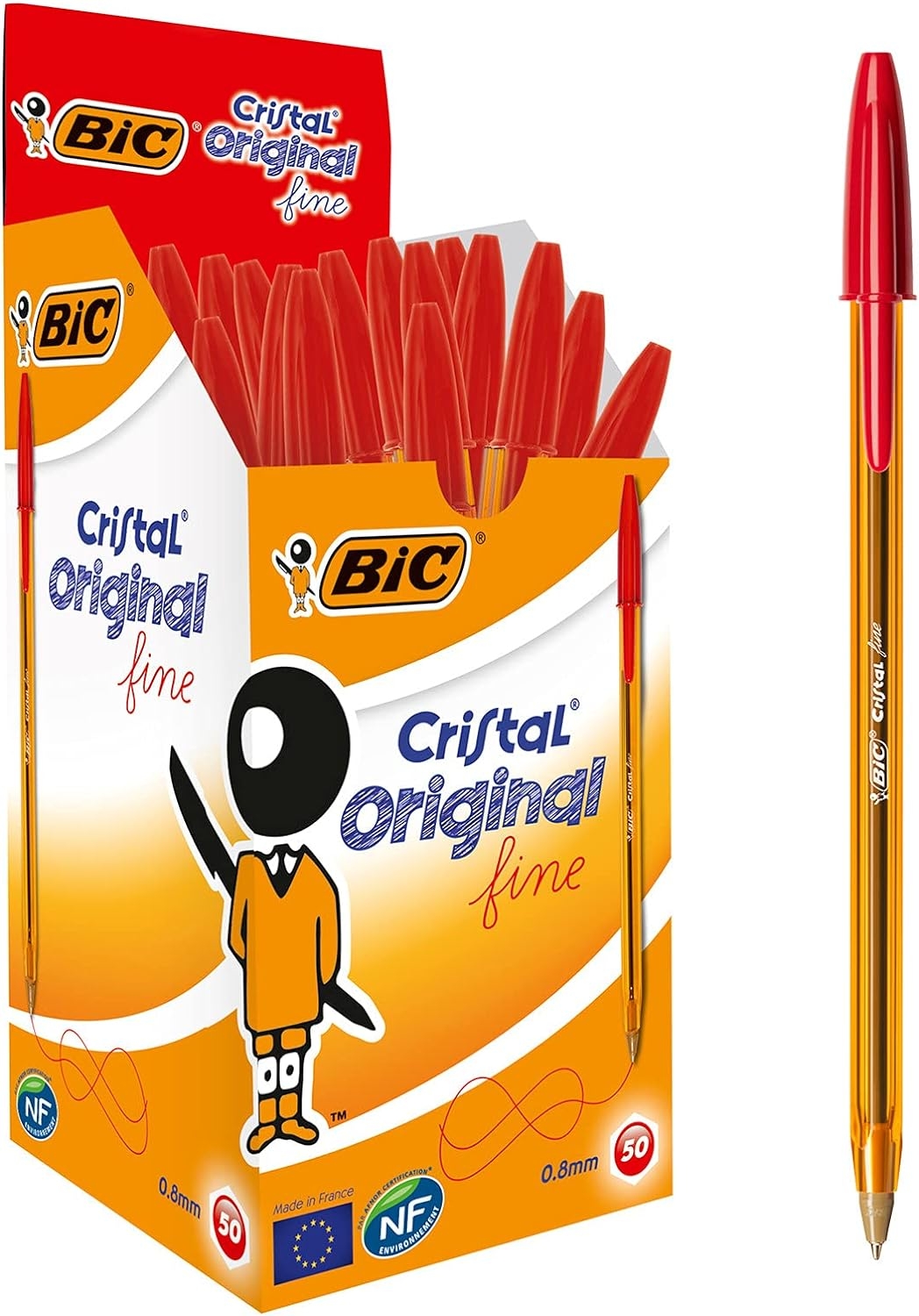 Caja de 50 Bic Cristal Original Fine, Punta Fina 0.8mm, Trazo 0.30mm, Rojo