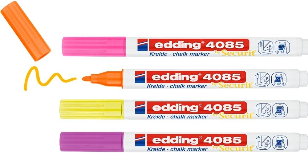 Edding 4085 Neon Pack de 4 Rotuladores de Tiza Liquida, Trazo 1-3mm, Olor Neutro, Colores Frambuesa, Amarillo, Na