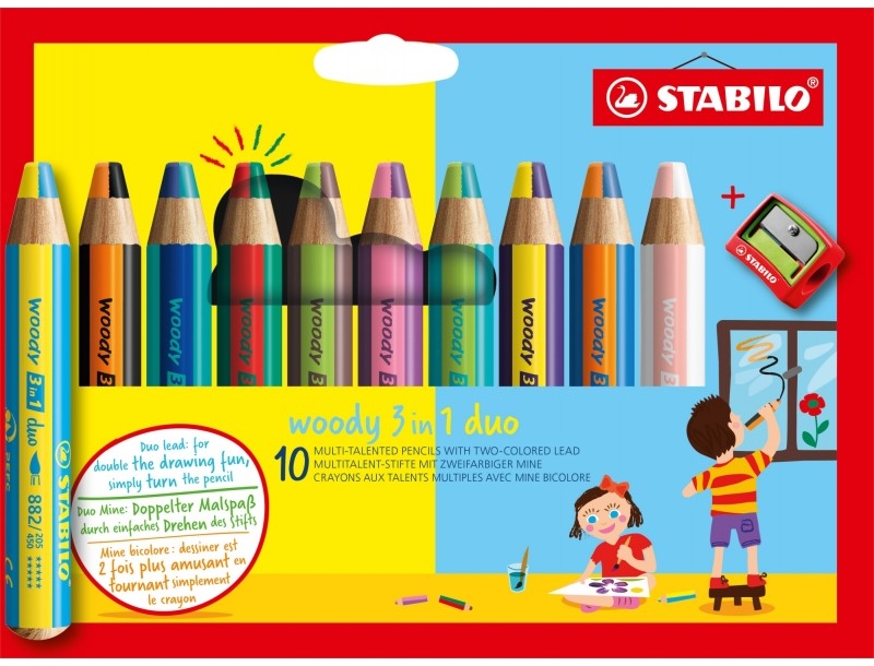 Stabilo Woddy 3 en 1 Duo Pack de 10 Lapices de Colores + Sacapuntas, Mina 2 Colores XXL 10mm, Lapiz de Color, Cera Acuarela,