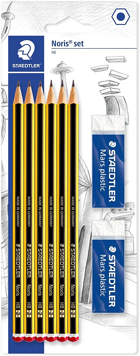 Staedtler Noris 120 Pack de 6 Lápices 2HB + 2 Gomas de Borrar Mars Plastic