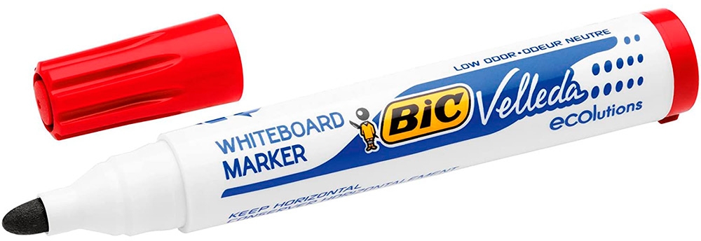 Bic Velleda 1701 ECOlutions Marcadores para Pizarra, Punta Redonda, Trazo de 1.5 mm, Tinta base alcohol, Borrado facil, Rojo