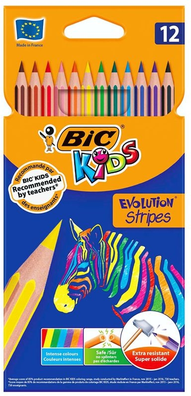 Bic Kids Evolution Stripes Caja de 12 Lapices de Colores Surtidos, Mina Pigmenta