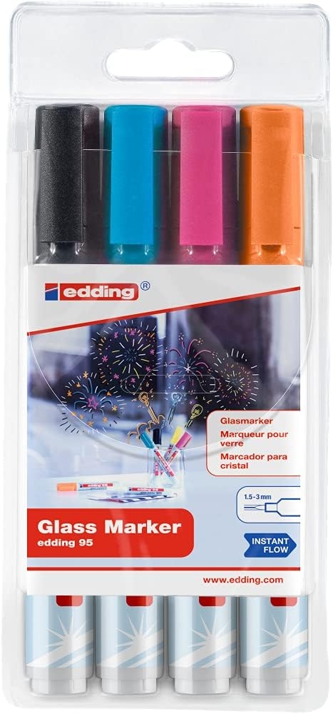 Edding 95 Pack de 4 Rotuladores de Tiza Liquida, Trazo 1.5-3mm, Colores Negro, Naranja, Rosa y Azul