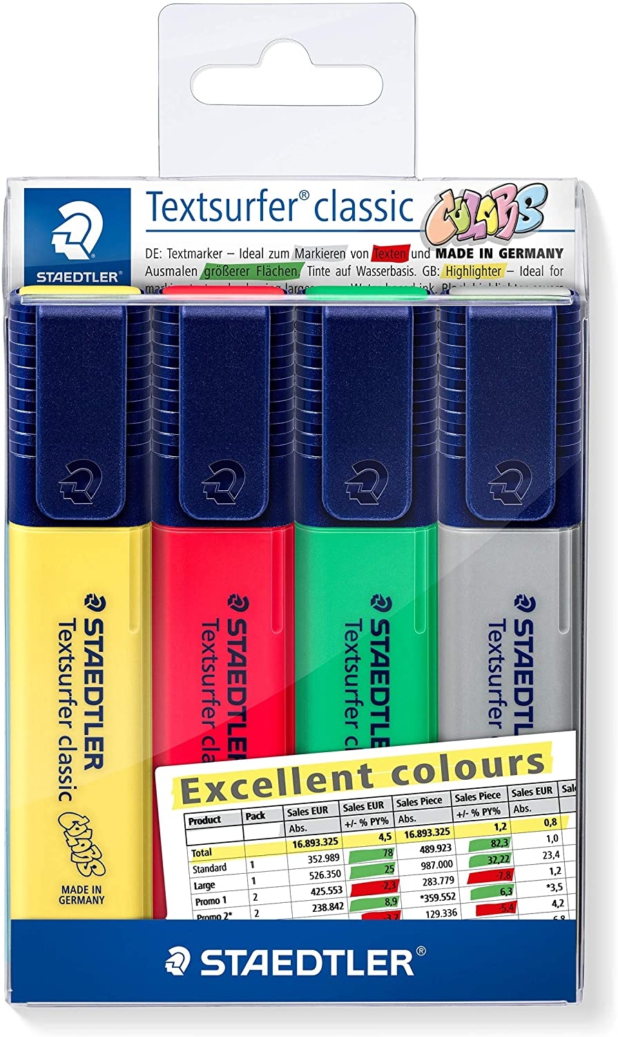 Staedtler Textsurfer Classic 364 Pack de 4 Marcadores Fluorescentes, Punta Biselada, Trazo 1-5mm, Secado Rapido, Colores Surtido