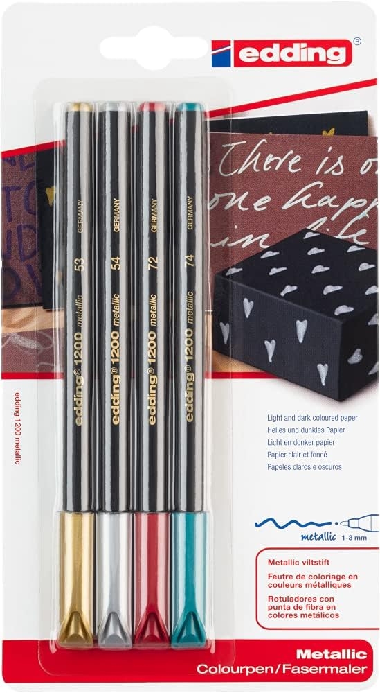Edding 1200 Metallic Pack de 4 Rotuladores, Trazo 1mm, Colores Oro, Plata, Rojo y Verde Metalizados