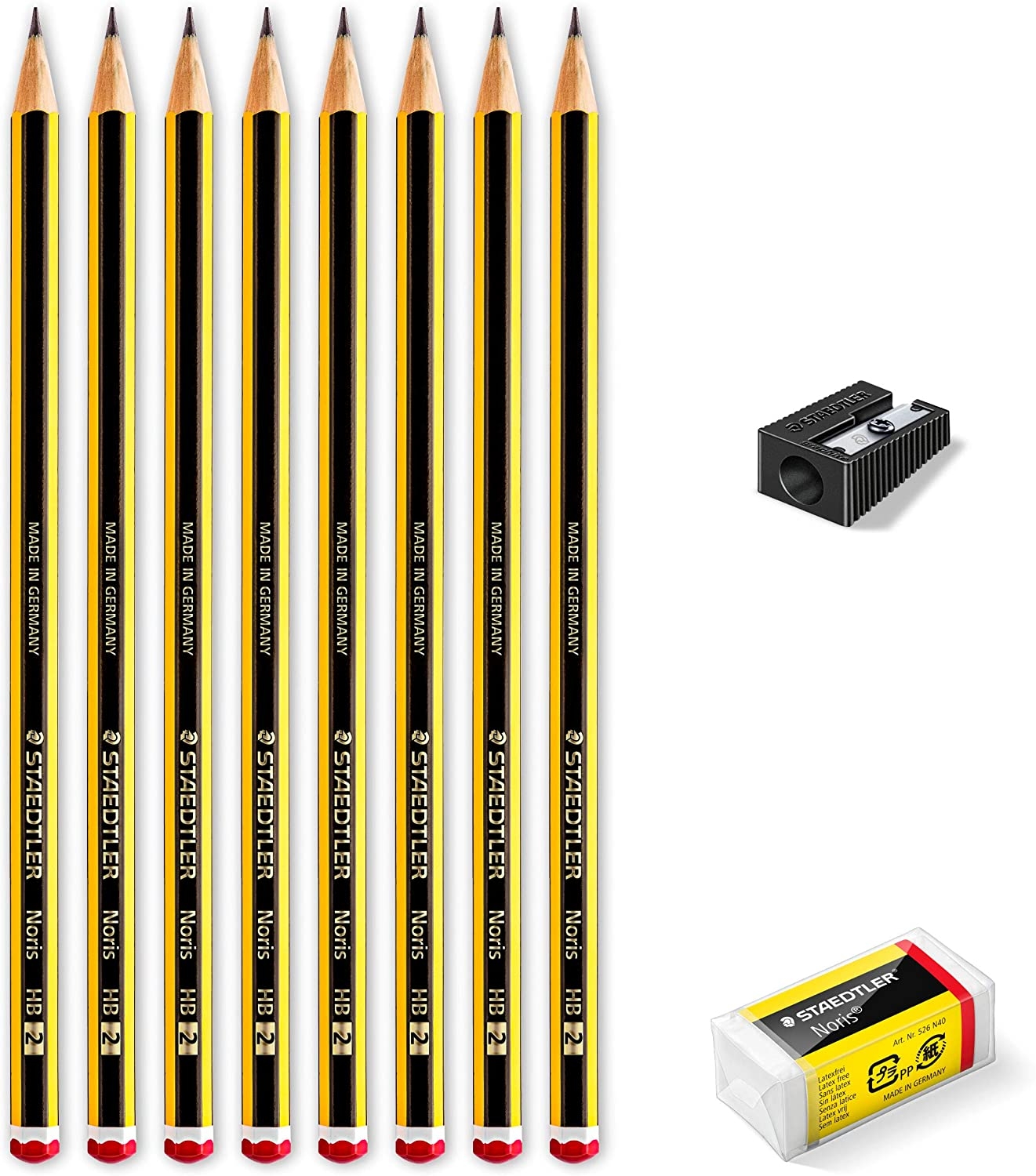 Staedtler Noris 120 Pack de 8 Lápices + Goma de Borrar + Sacapuntas, Dureza HB Ultrarresistente de 2mm