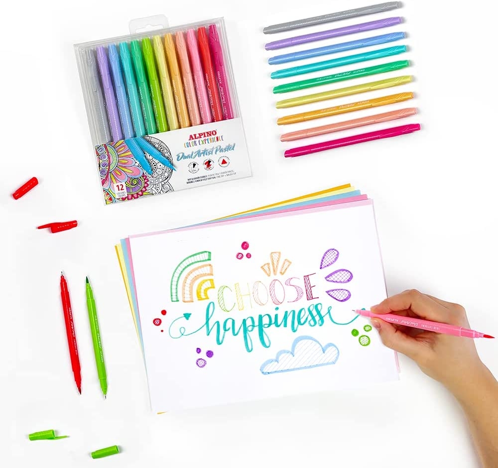 Alpino Color Experience Pack de 12 Rotuladores Pastel Doble Punta, Puntas Fine Liner de 0.7mm y Pincel de 2.9mm