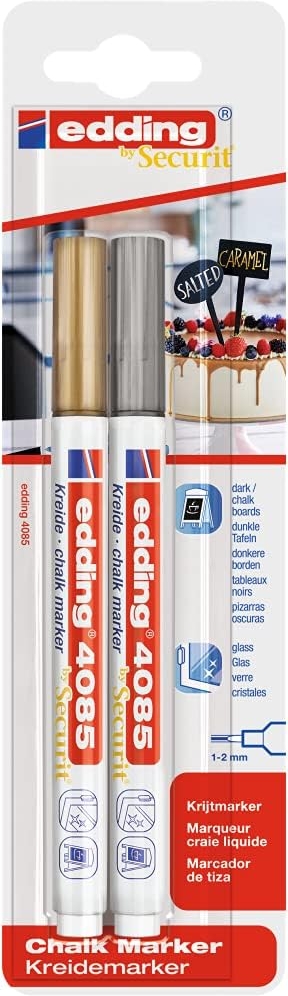 Edding 4085 Pack de 2 Rotuladores de Tiza Liquida, Trazo 1-3mm, Olor Neutro, Oro y Plata