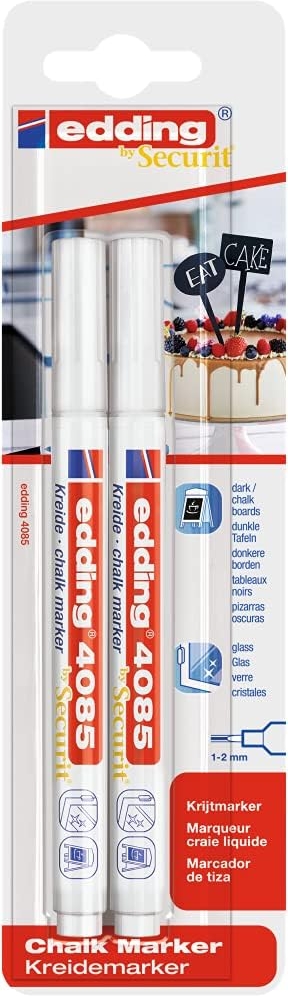Edding 4085 Pack de 2 Rotuladores de Tiza Liquida, Trazo 1-3mm, Olor Neutro, Blanco
