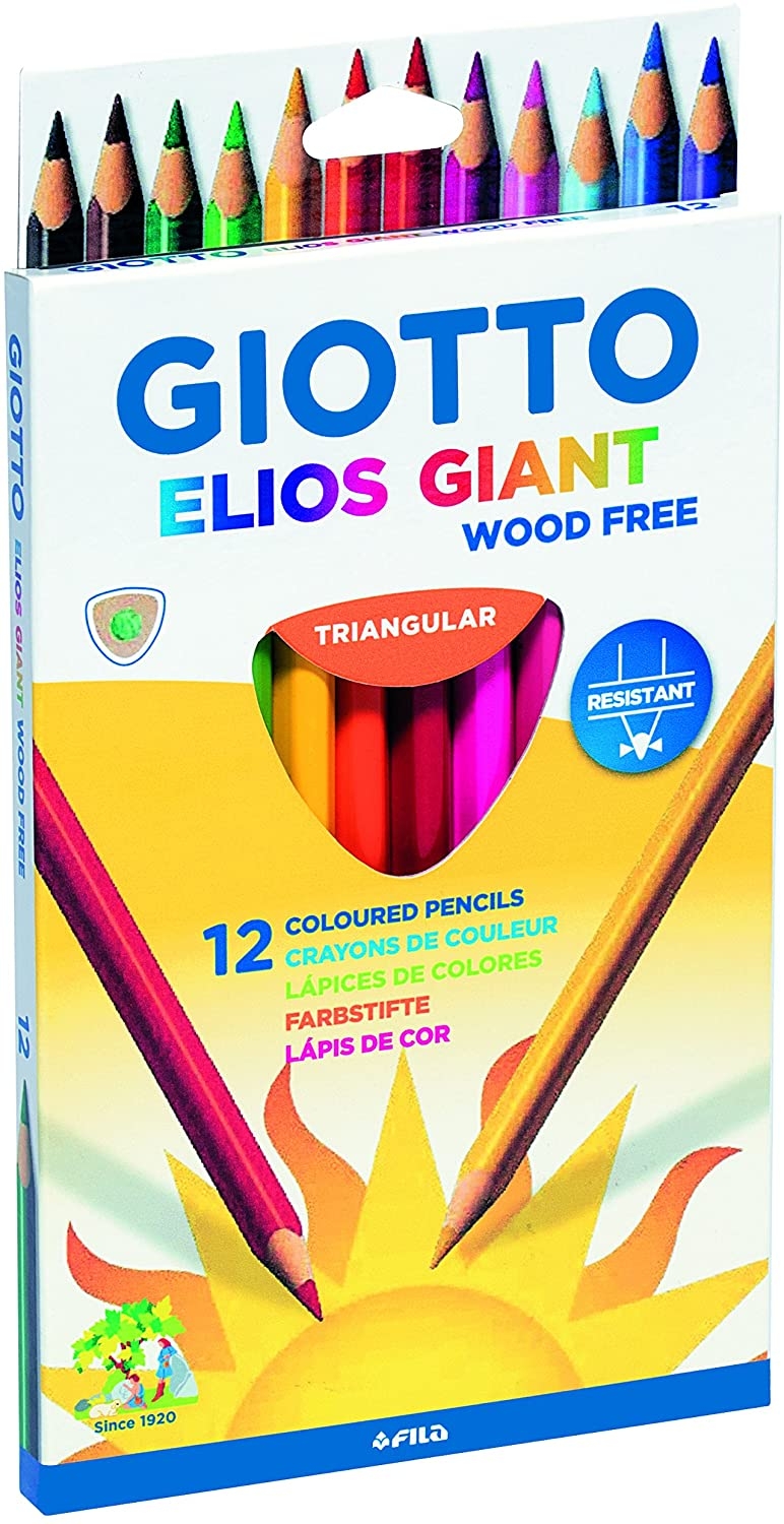 Giotto Elios Giant Wood Free Pack de 12 Lapices Triangulares de Colores, Sin Madera, Mina 5 mm