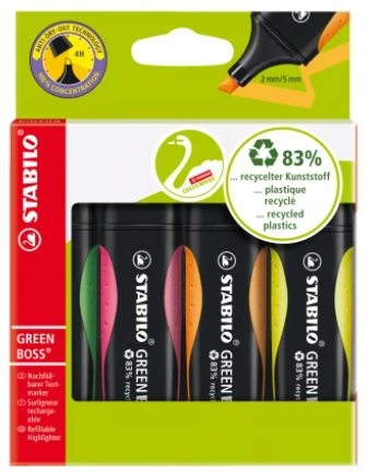 Stabilo Green Boss Pack de 4 Marcadores Fluorescentes, Trazo 2-5mm, Colores Surtidos