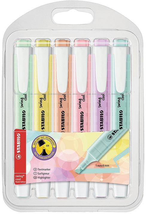 Stabilo Swing Cool Pastel Pack de 6 Marcadores Fluorescentes, Punta Biselada, Trazo 1-4mm, Colores Surtidos
