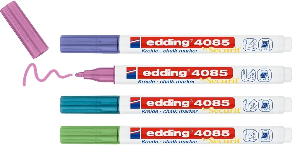 Edding 4085 Metalicos Pack de 4 Rotuladores de Tiza Liquida, Trazo 1-3mm, Olor Neutro, Colores Azul, Verde, Viole