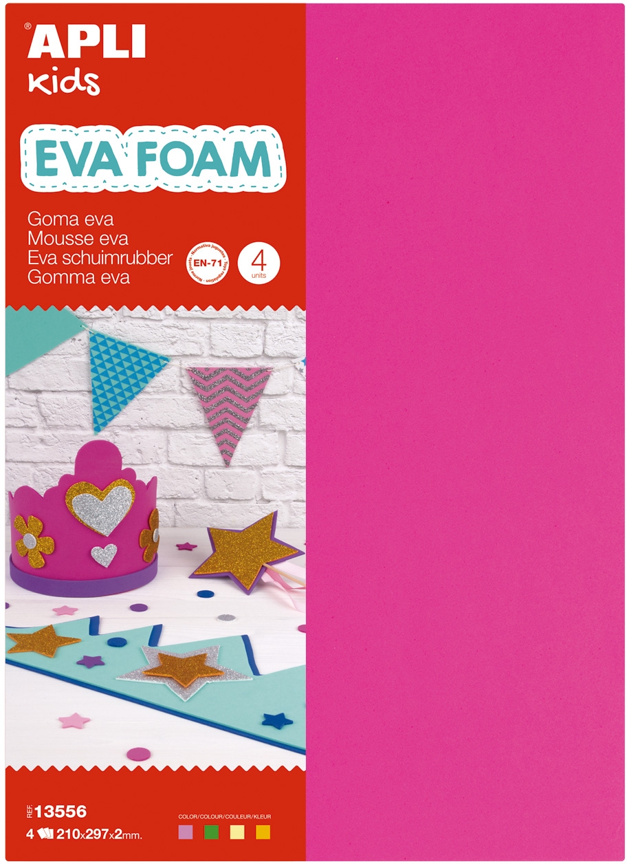 Apli Goma Eva Fluorescente - Medida A4 - 4 Hojas - Fucsia, Verde, Amarillo y Naranja