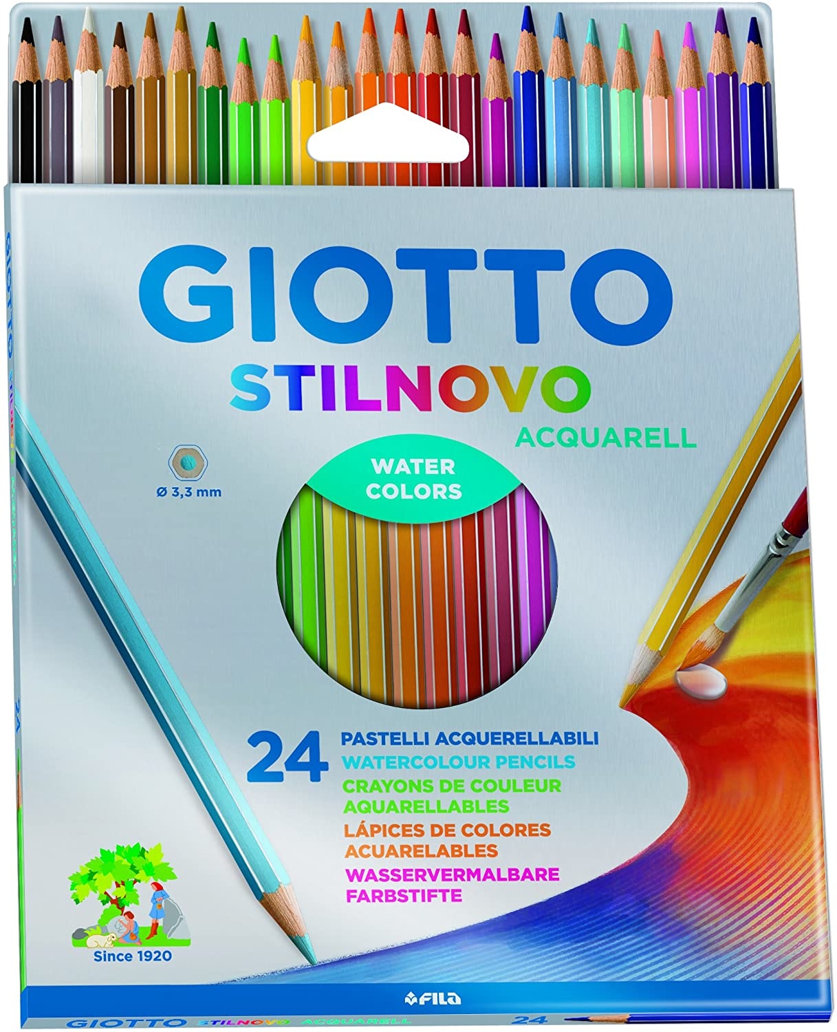 Giotto Stilnovo Acquarell Pack de 24 Lapices de Colores Acuarelables Hexagonales, Mina 3.3 mm