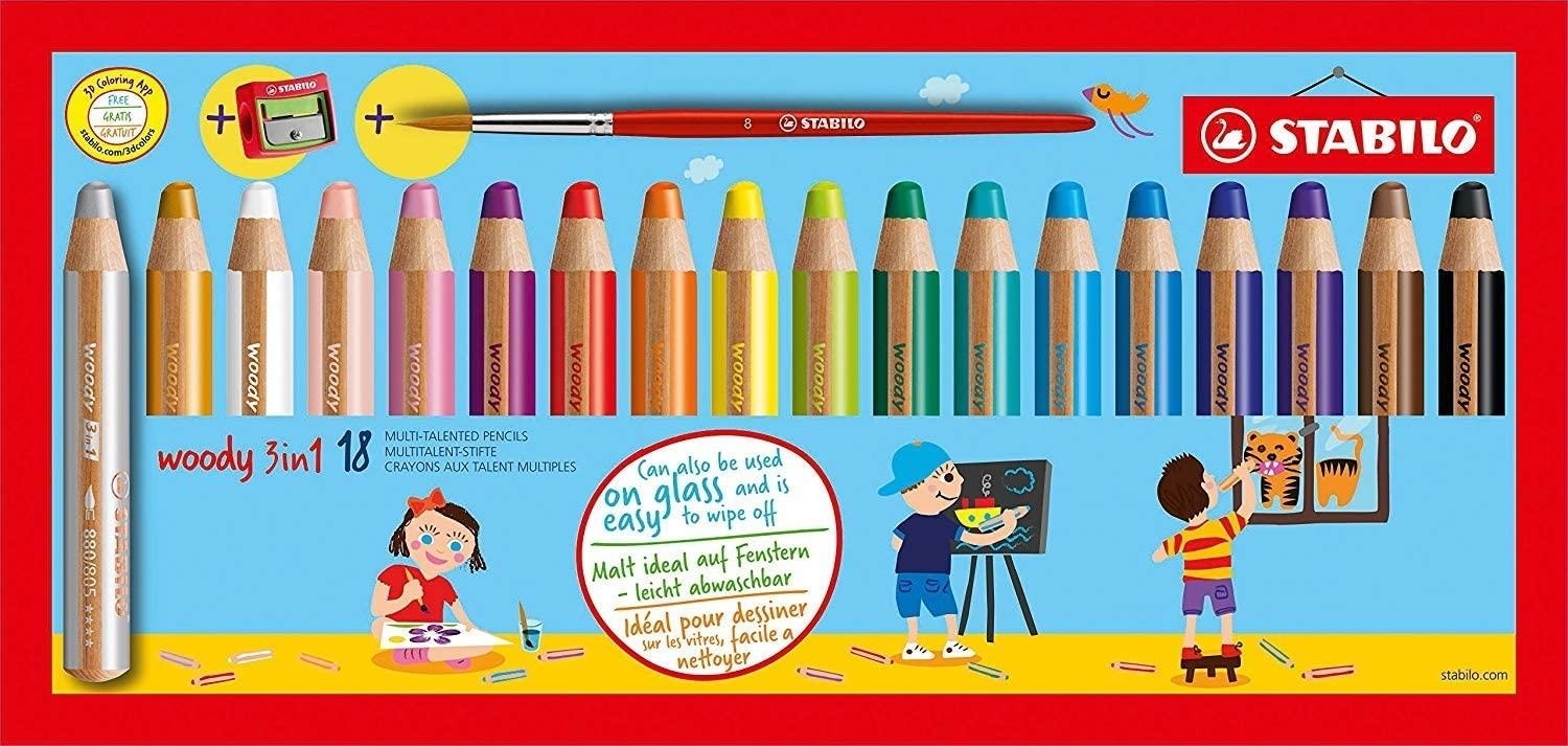 Stabilo Woddy 3 en 1 Pack de 18 Lapices de Colores + Sacapuntas + Pincel Nº 8, Lapiz de Color, Cera y Acuarela