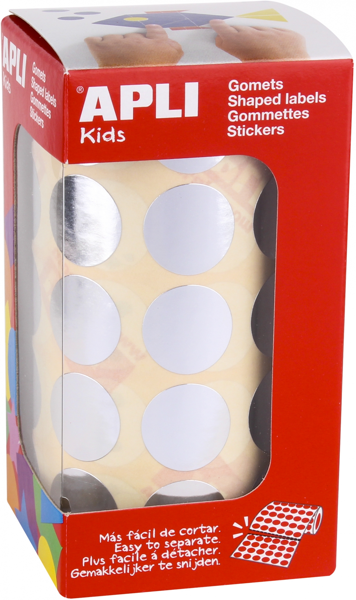 Apli Gomets Redondos Plata Metalizado Ø 20mm - 59 Hojas Pretroqueladas - 1770 Gomets por Rollo - Ideal para Escuelas y Talleres