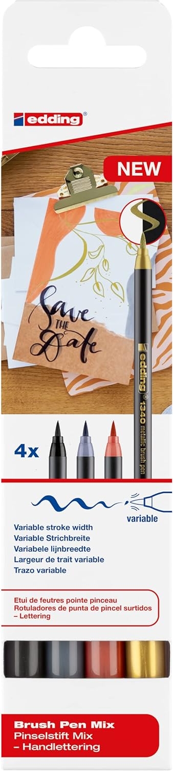 Edding 1340 Brush Pack de 4 Rotuladores, Punta Pincel Flexible, Trazo 1-3mm, Colores Oro, Negro, Gris y Albaricoque
