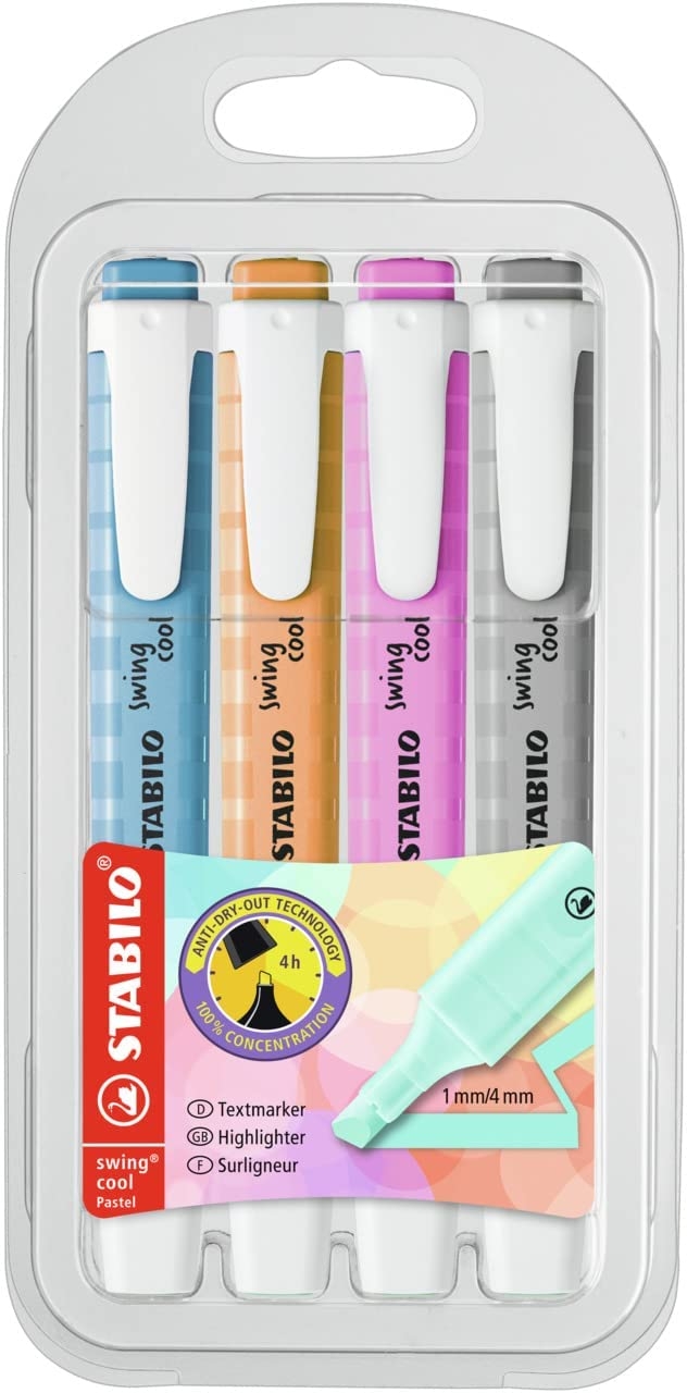 Stabilo Swing Cool Pastel Pack de 4 Marcadores Fluorescentes, Punta Biselada, Trazo 1-4mm, Antisecado, Colores Surti