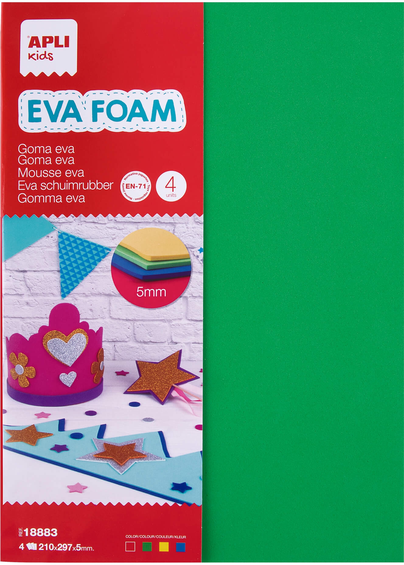 Apli Goma Eva Multicolor A4, 5mm - 4 Hojas Gruesas - Rojo, Amarillo, Verde y Azul