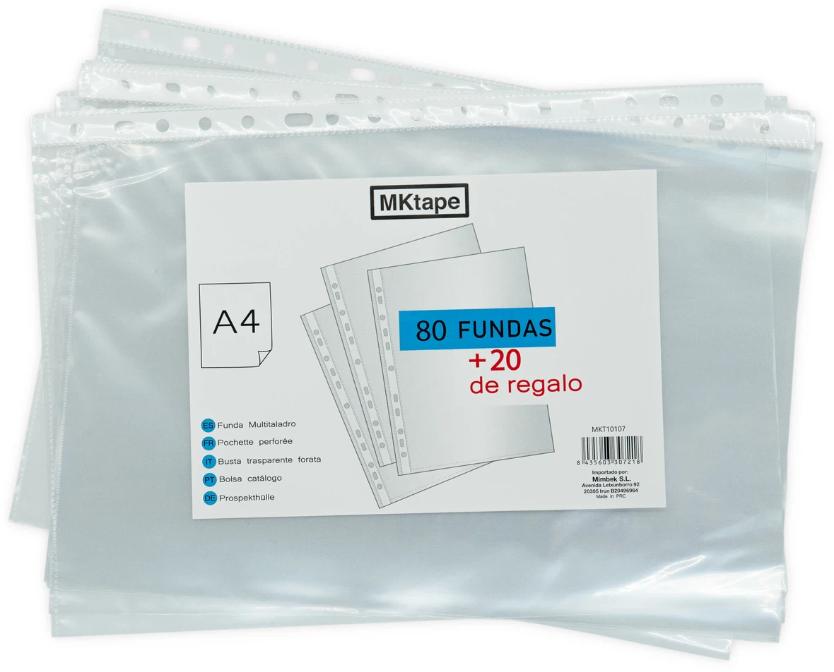MKtape Pack de 100 Fundas Multitaladro Portadocumentos, Formato A4, 0.5 Micras, Color Transparente