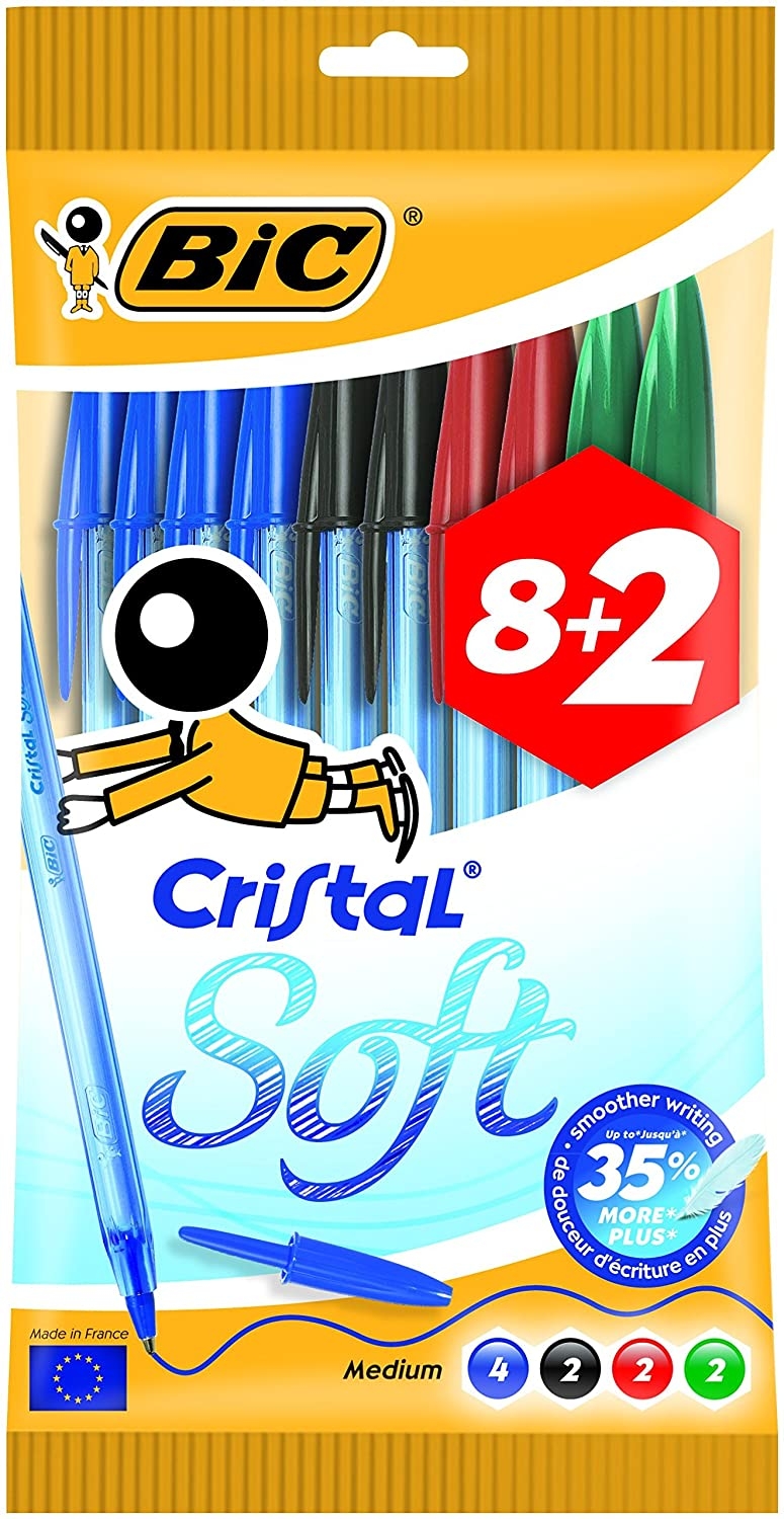 PACK 10 Bic Cristal Soft, Punta Media de 1.2mm, Trazo 0.45mm, Colores Surtidos