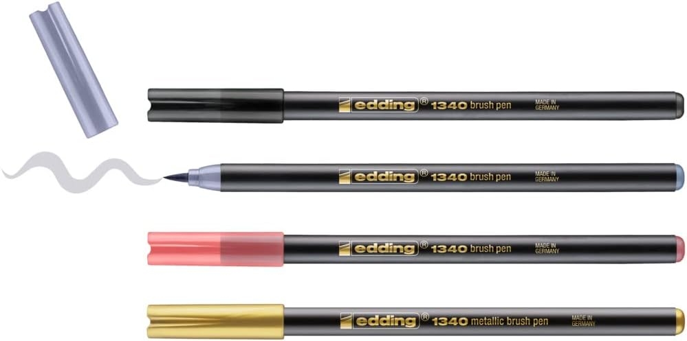 Edding 1340 Brush Pack de 4 Rotuladores, Punta Pincel Flexible, Trazo 1-3mm, Colores Oro, Negro, Gris y Albaricoque